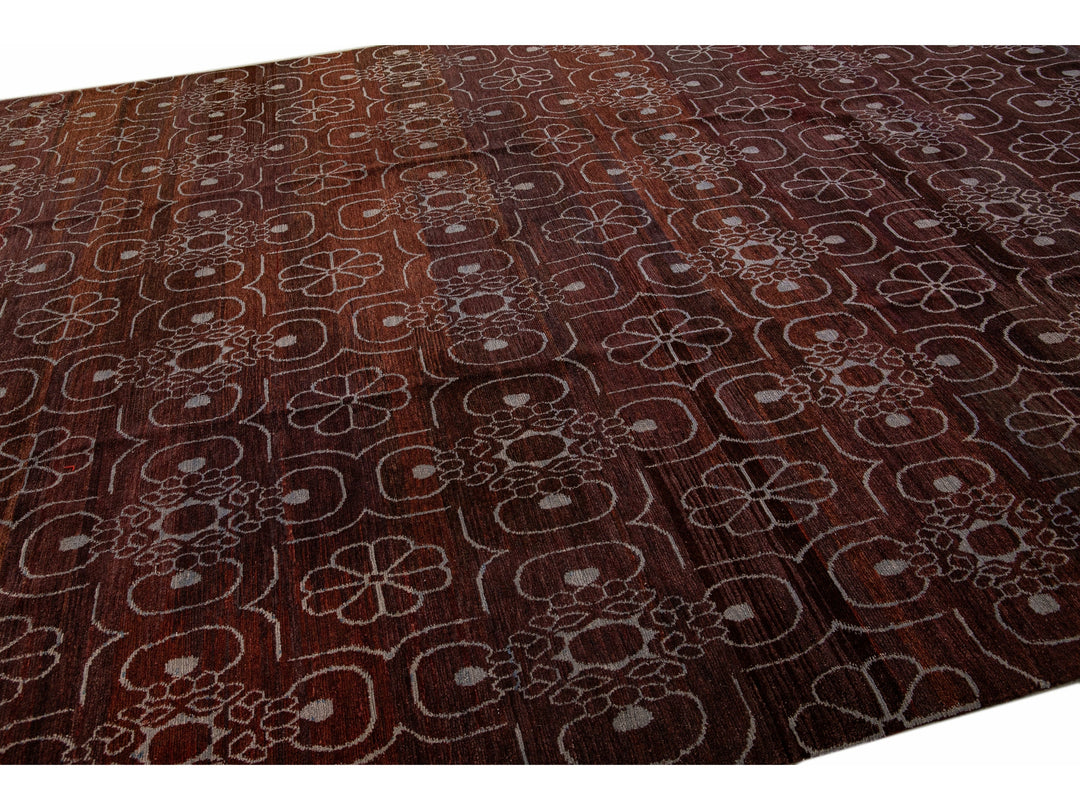 Modern Tibetan Arabesque Style Handmade Burgundy Wool and Silk Rug