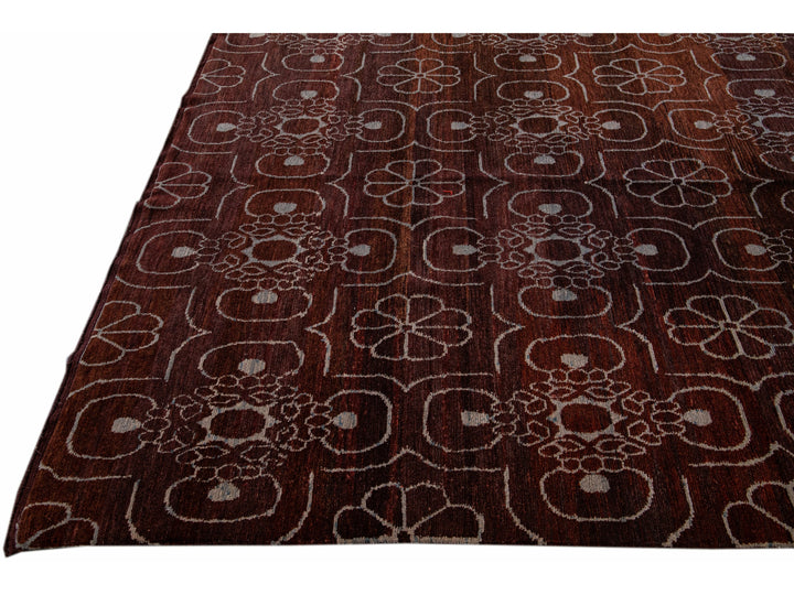 Modern Tibetan Arabesque Style Handmade Burgundy Wool and Silk Rug