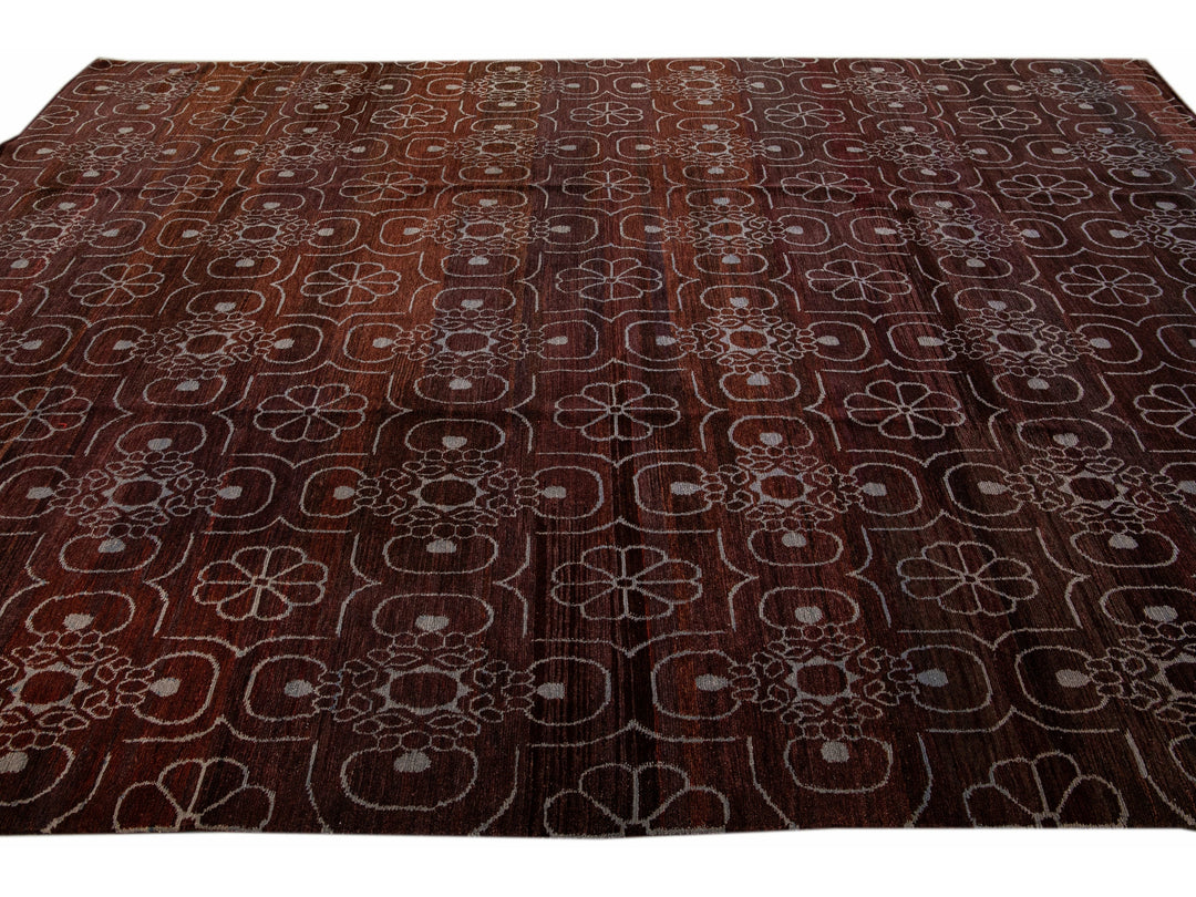 Modern Tibetan Arabesque Style Handmade Burgundy Wool and Silk Rug
