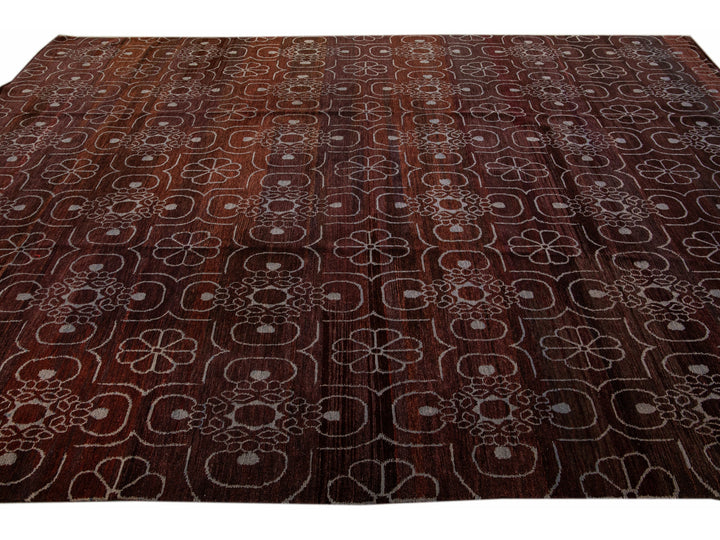Modern Tibetan Arabesque Style Handmade Burgundy Wool and Silk Rug