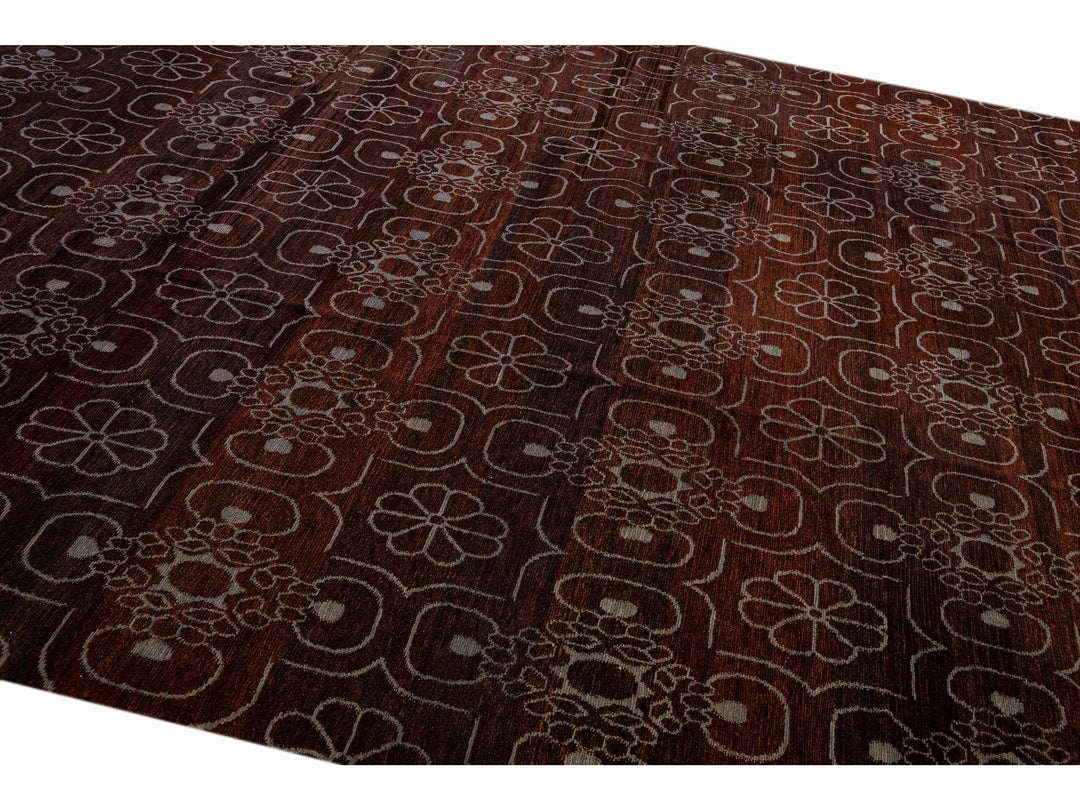Modern Tibetan Arabesque Style Handmade Burgundy Wool and Silk Rug