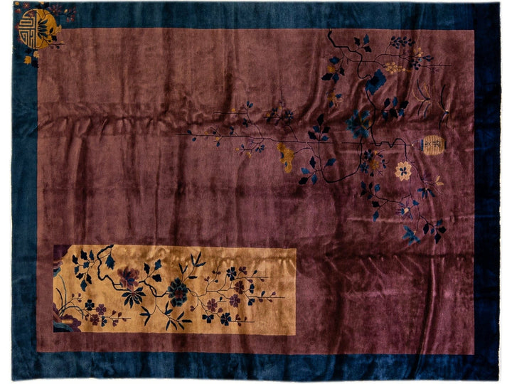 Antique Art Deco Handmade Floral Chinese Burgundy Wool Rug