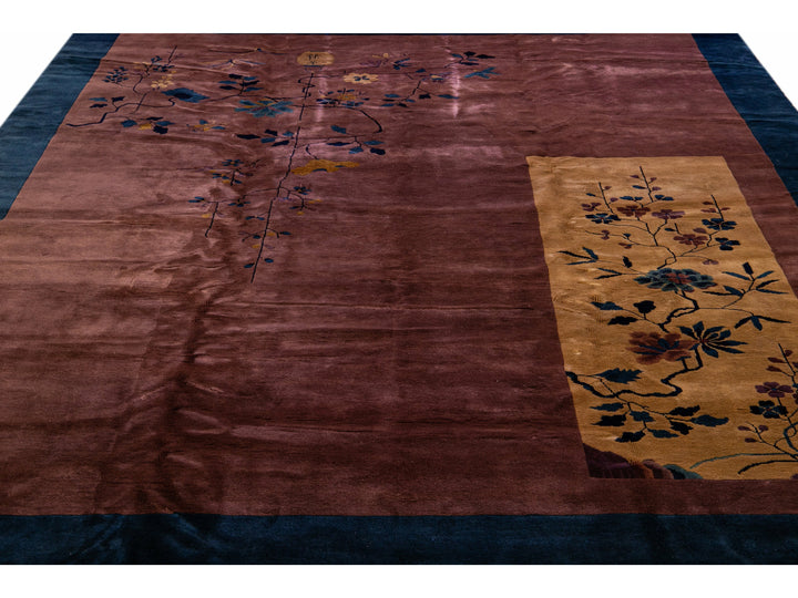 Antique Art Deco Handmade Floral Chinese Burgundy Wool Rug
