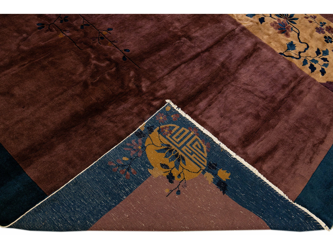 Antique Art Deco Handmade Floral Chinese Burgundy Wool Rug
