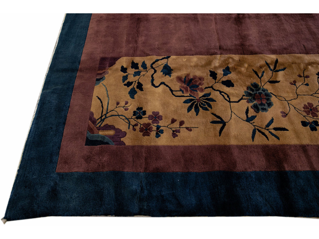 Antique Art Deco Handmade Floral Chinese Burgundy Wool Rug