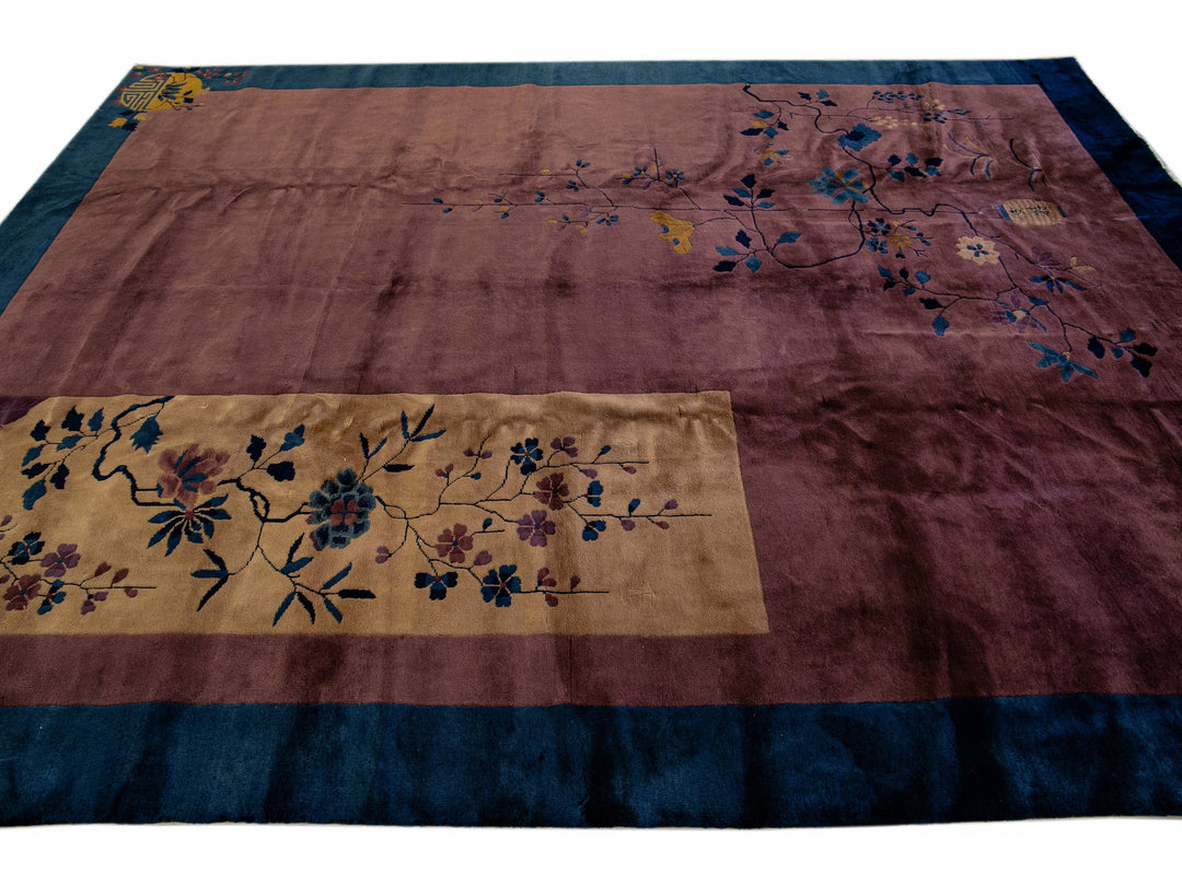 Antique Art Deco Handmade Floral Chinese Burgundy Wool Rug