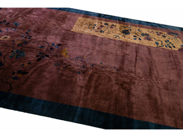 Antique Art Deco Handmade Floral Chinese Burgundy Wool Rug