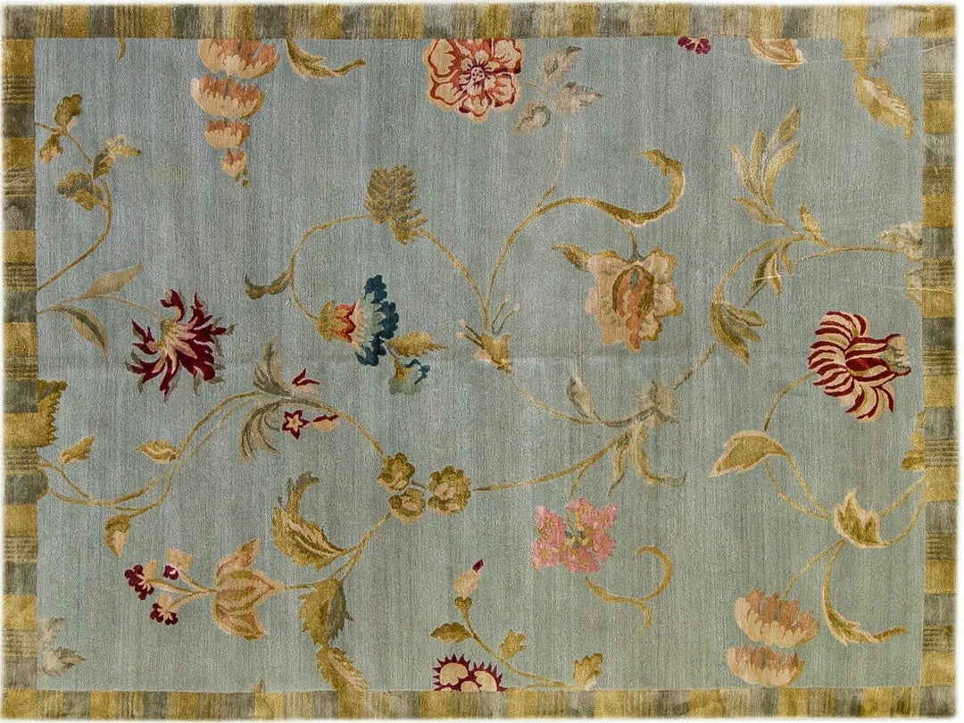 Modern Tibetan Handmade Lyndhurst Floral Pattern Gray Wool and Silk Rug