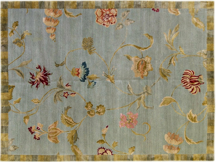 Modern Tibetan Handmade Lyndhurst Floral Pattern Gray Wool and Silk Rug