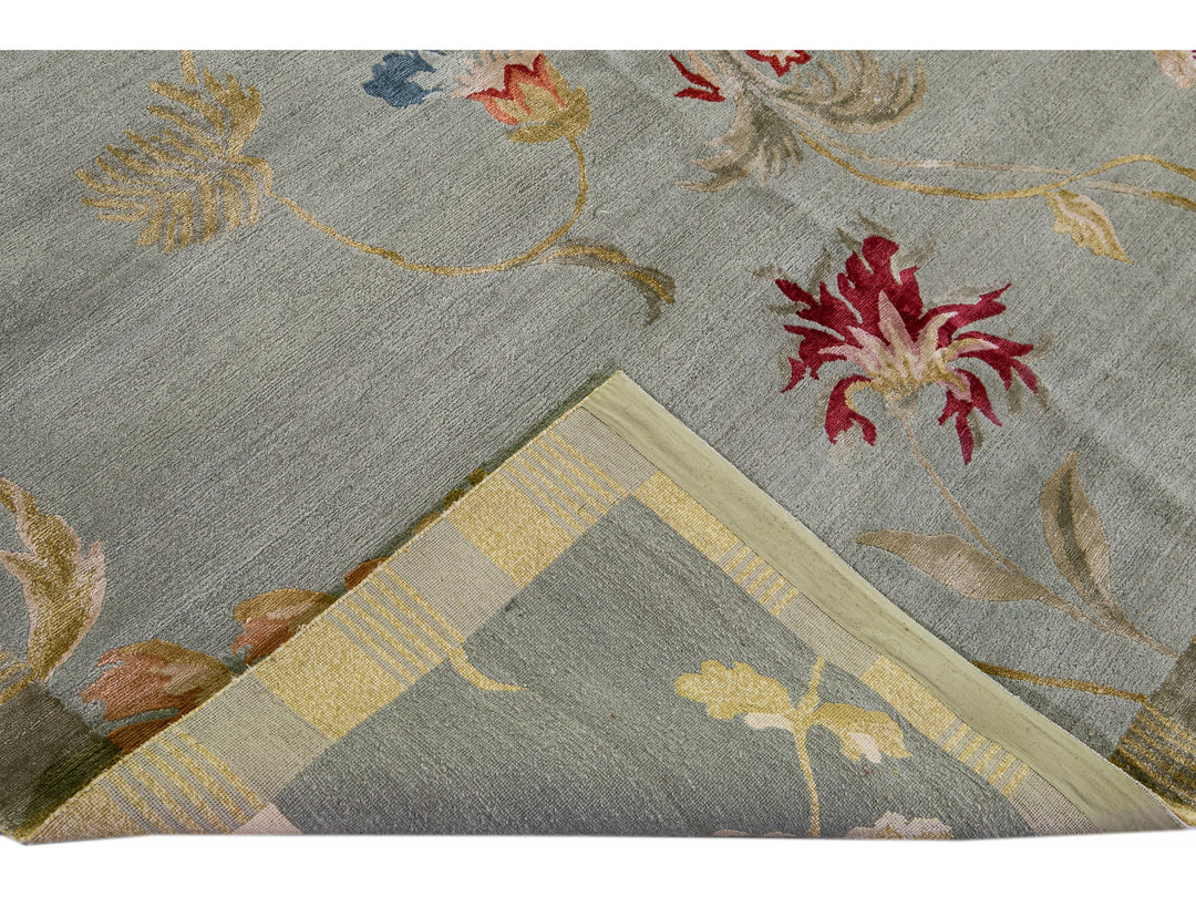 Modern Tibetan Handmade Lyndhurst Floral Pattern Gray Wool and Silk Rug