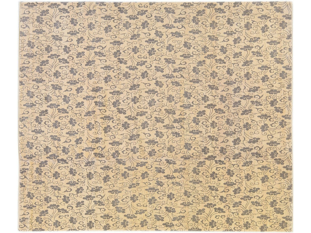 Modern Tibetan Handmade Allover Floral Pattern Beige Wool and Silk Rug