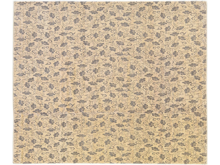 Modern Tibetan Handmade Allover Floral Pattern Beige Wool and Silk Rug