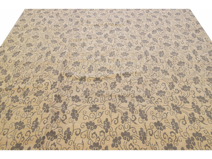 Modern Tibetan Handmade Allover Floral Pattern Beige Wool and Silk Rug