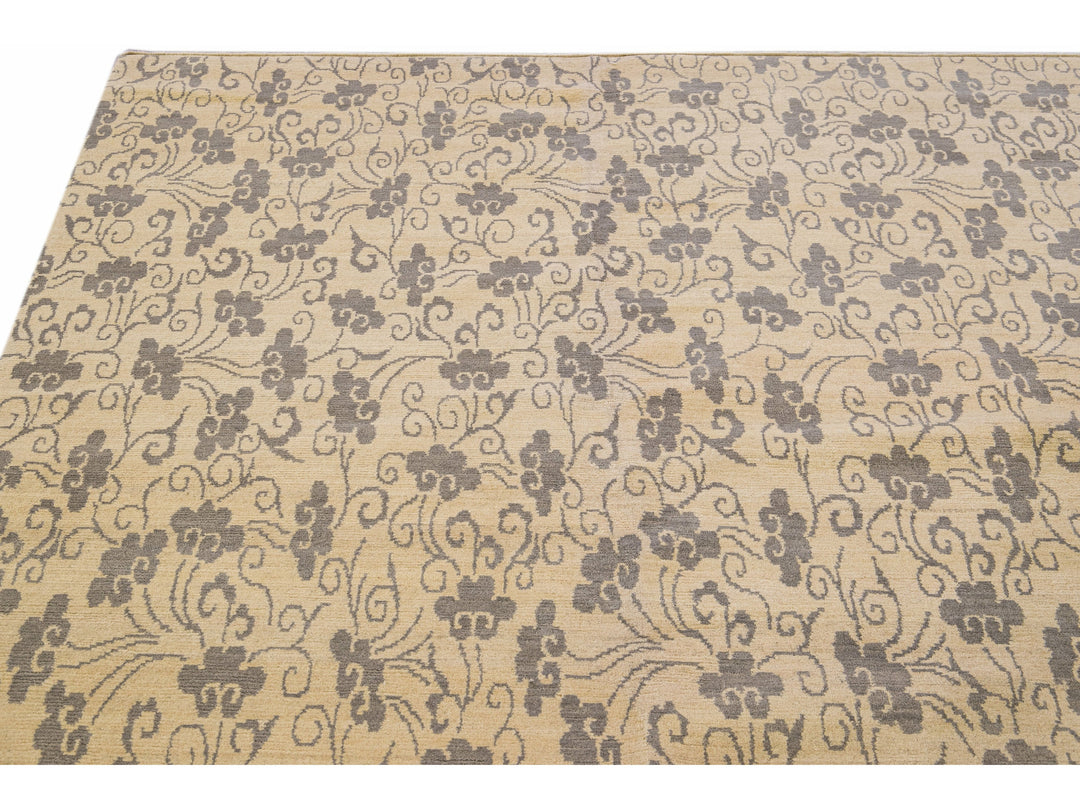Modern Tibetan Handmade Allover Floral Pattern Beige Wool and Silk Rug