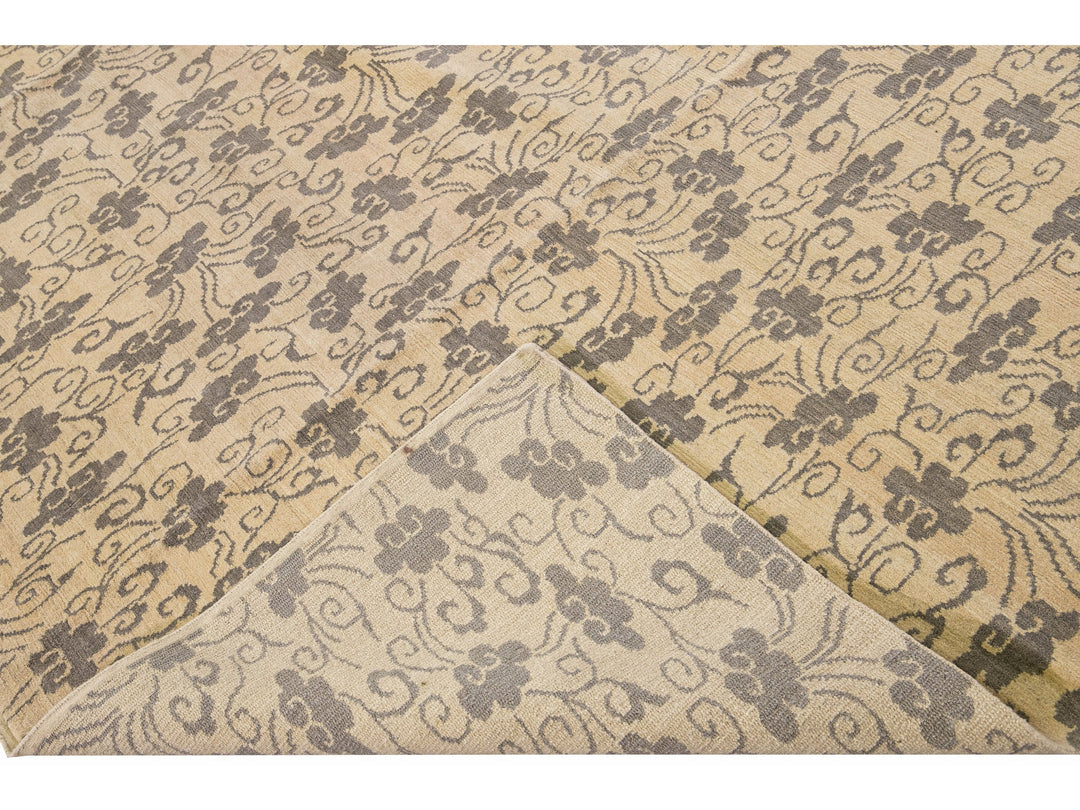 Modern Tibetan Handmade Allover Floral Pattern Beige Wool and Silk Rug