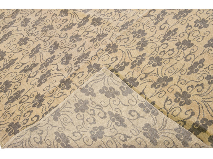 Modern Tibetan Handmade Allover Floral Pattern Beige Wool and Silk Rug