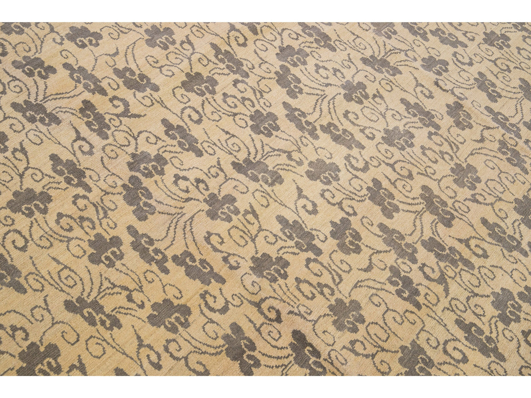 Modern Tibetan Handmade Allover Floral Pattern Beige Wool and Silk Rug