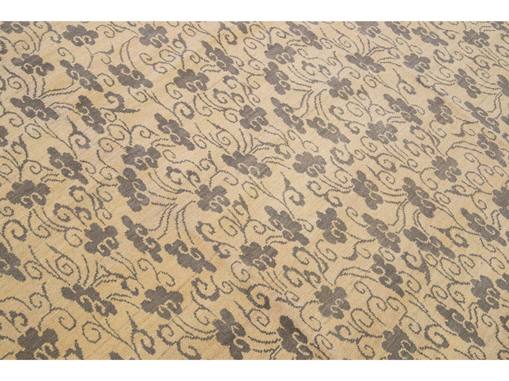 Modern Tibetan Handmade Allover Floral Pattern Beige Wool and Silk Rug