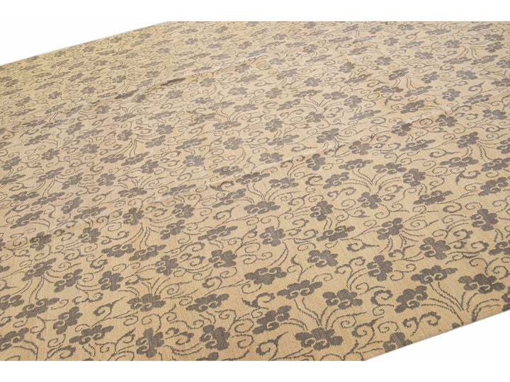 Modern Tibetan Handmade Allover Floral Pattern Beige Wool and Silk Rug