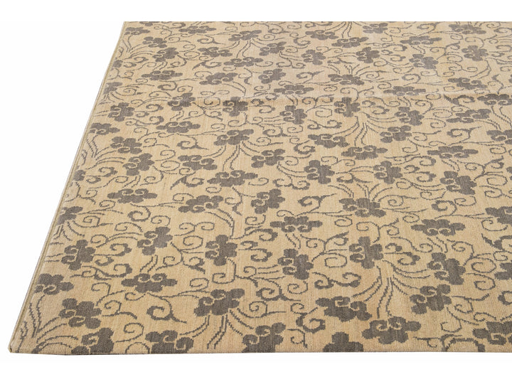 Modern Tibetan Handmade Allover Floral Pattern Beige Wool and Silk Rug