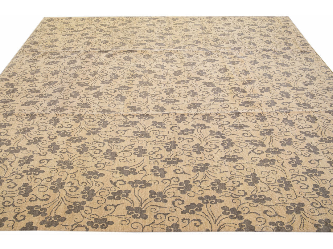 Modern Tibetan Handmade Allover Floral Pattern Beige Wool and Silk Rug