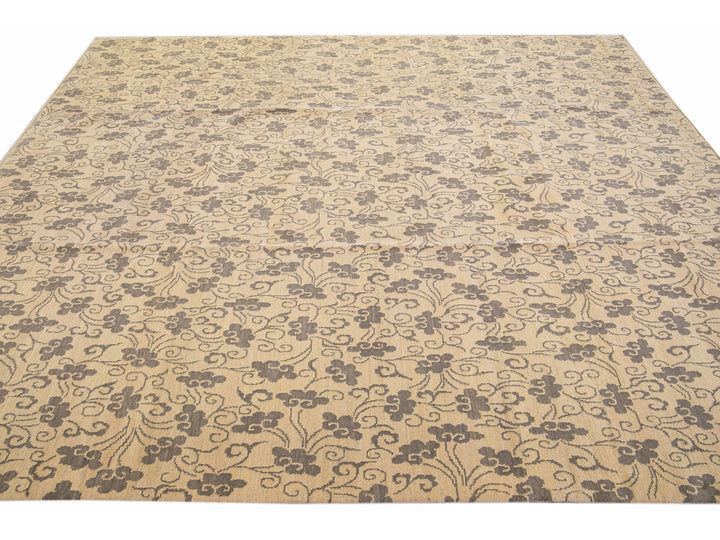 Modern Tibetan Handmade Allover Floral Pattern Beige Wool and Silk Rug