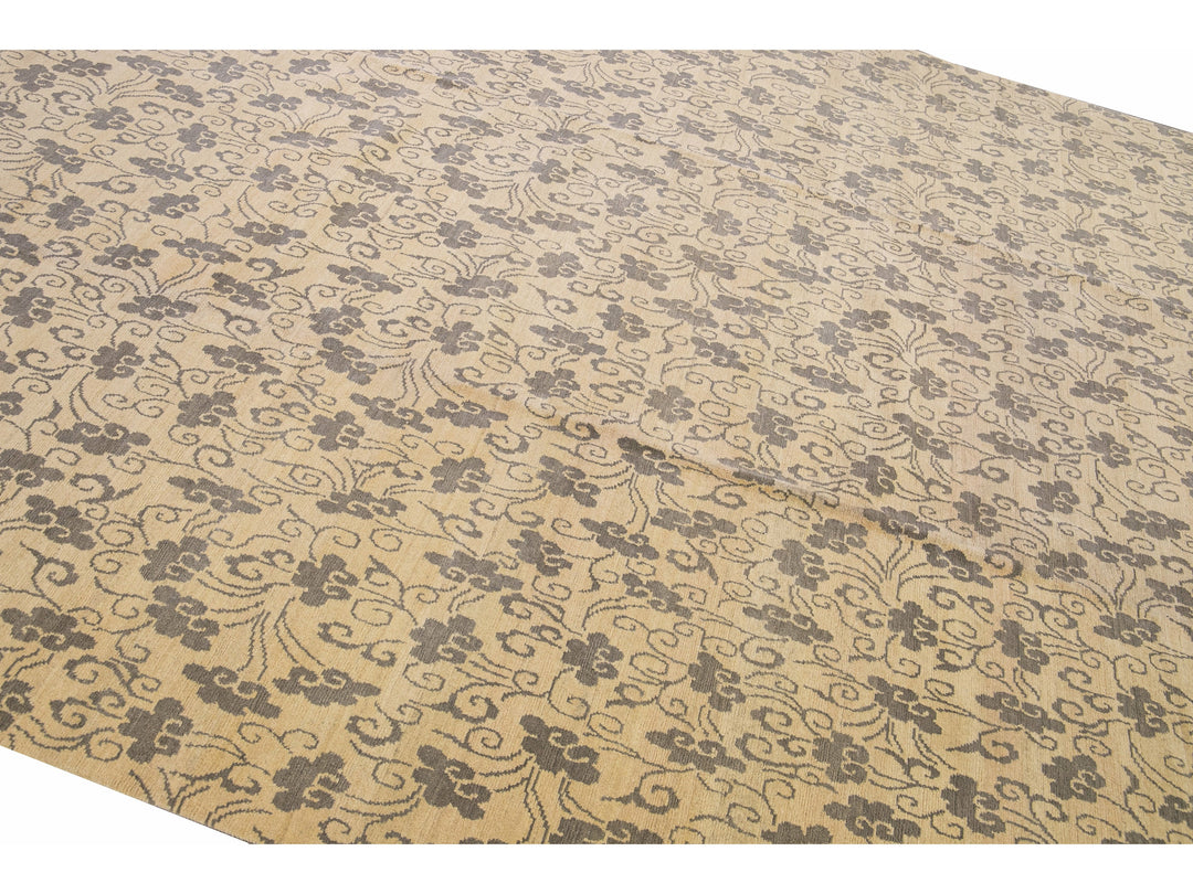 Modern Tibetan Handmade Allover Floral Pattern Beige Wool and Silk Rug
