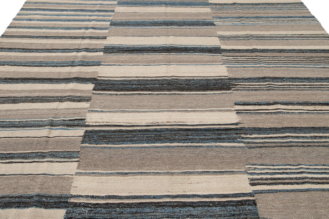 Modern Flat-Weave Kilim Wool Rug 9 X 12