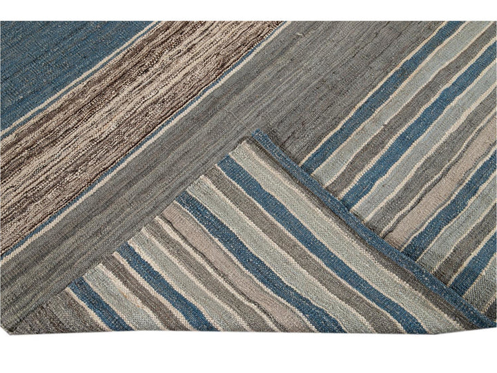 Modern Flat-Weave Kilim Striped Wool Rug 9 X 12