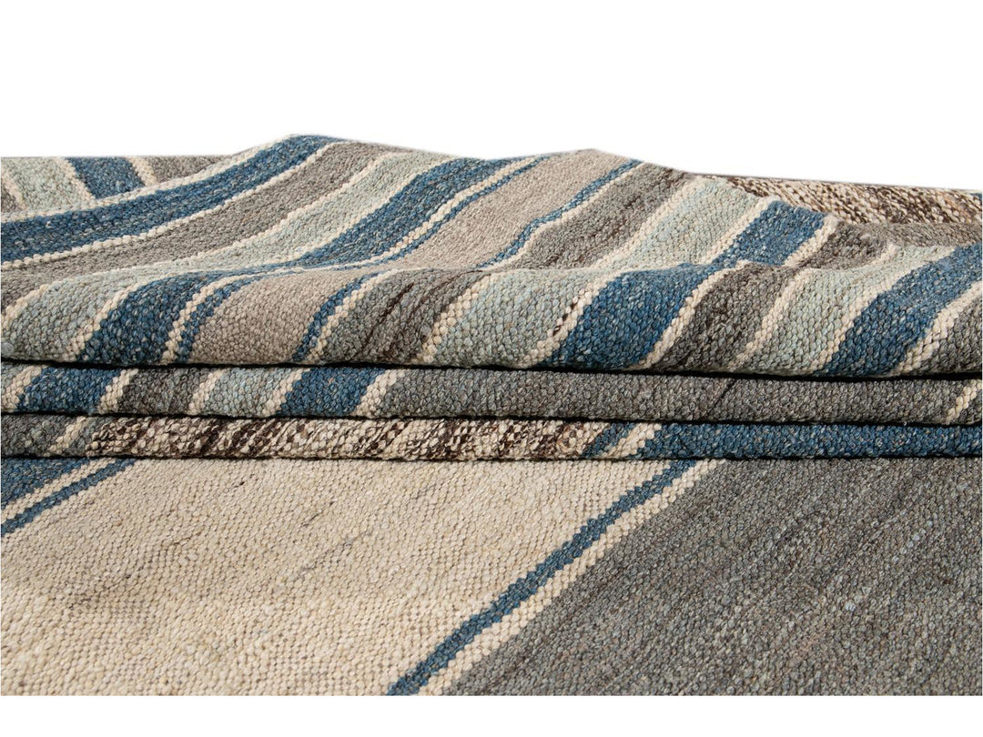 Modern Flat-Weave Kilim Striped Wool Rug 9 X 12