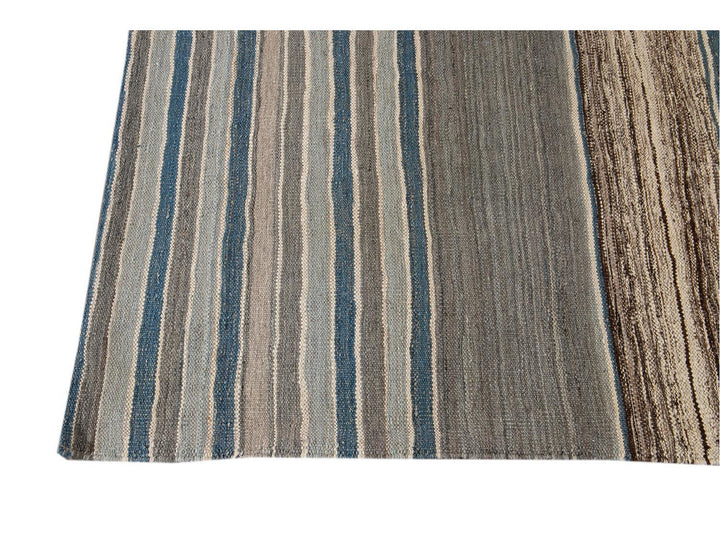Modern Flat-Weave Kilim Striped Wool Rug 9 X 12