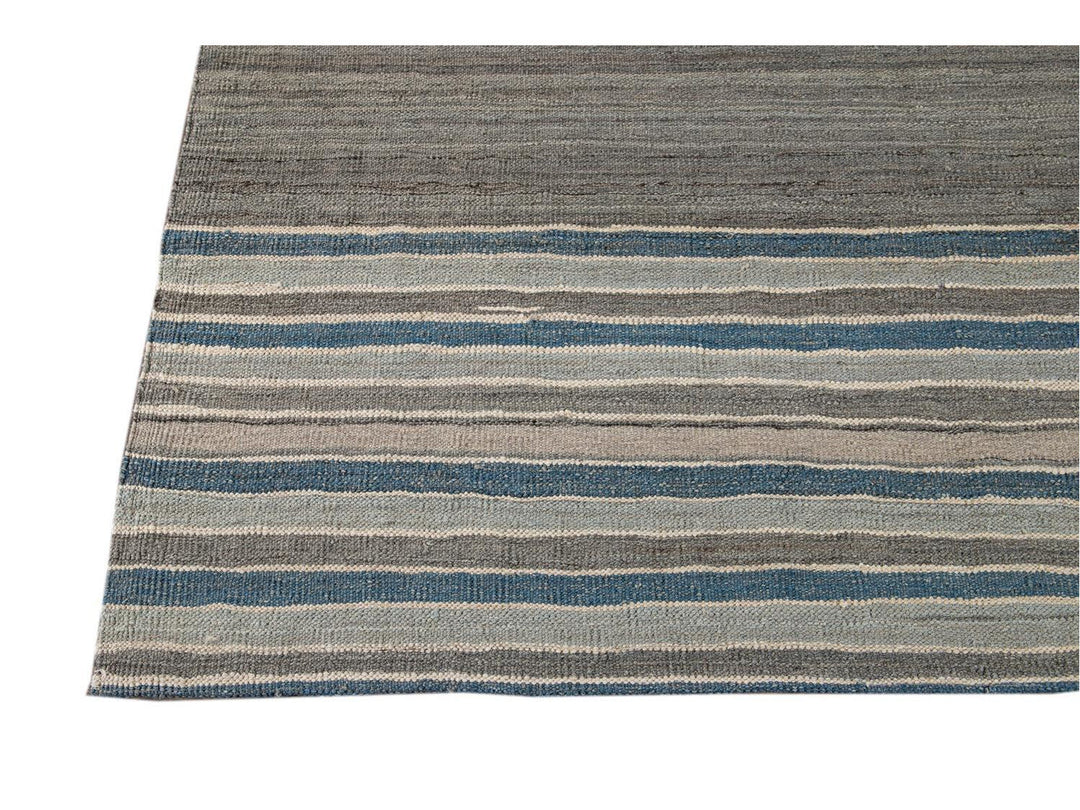 Modern Flat-Weave Kilim Striped Wool Rug 9 X 12