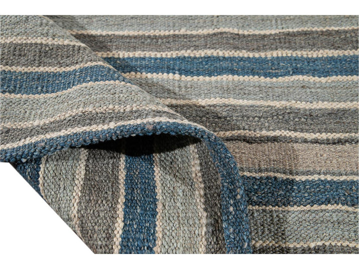 Modern Flat-Weave Kilim Striped Wool Rug 9 X 12