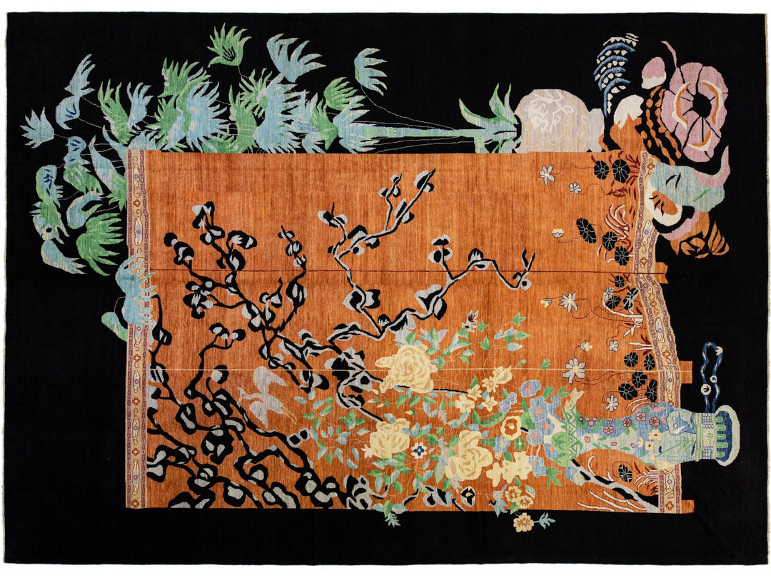 Modern Chinese Art Deco Style Brown Handmade Floral Designed Wool Rug