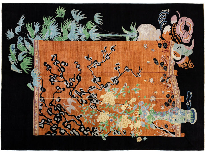 Modern Chinese Art Deco Style Brown Handmade Floral Designed Wool Rug