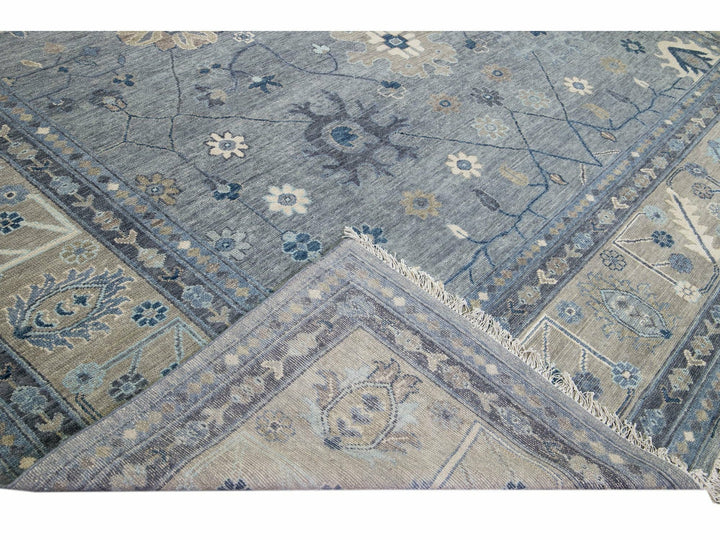 Gray Modern Oushak Style Handmade Floral Motif Long Wool Runner