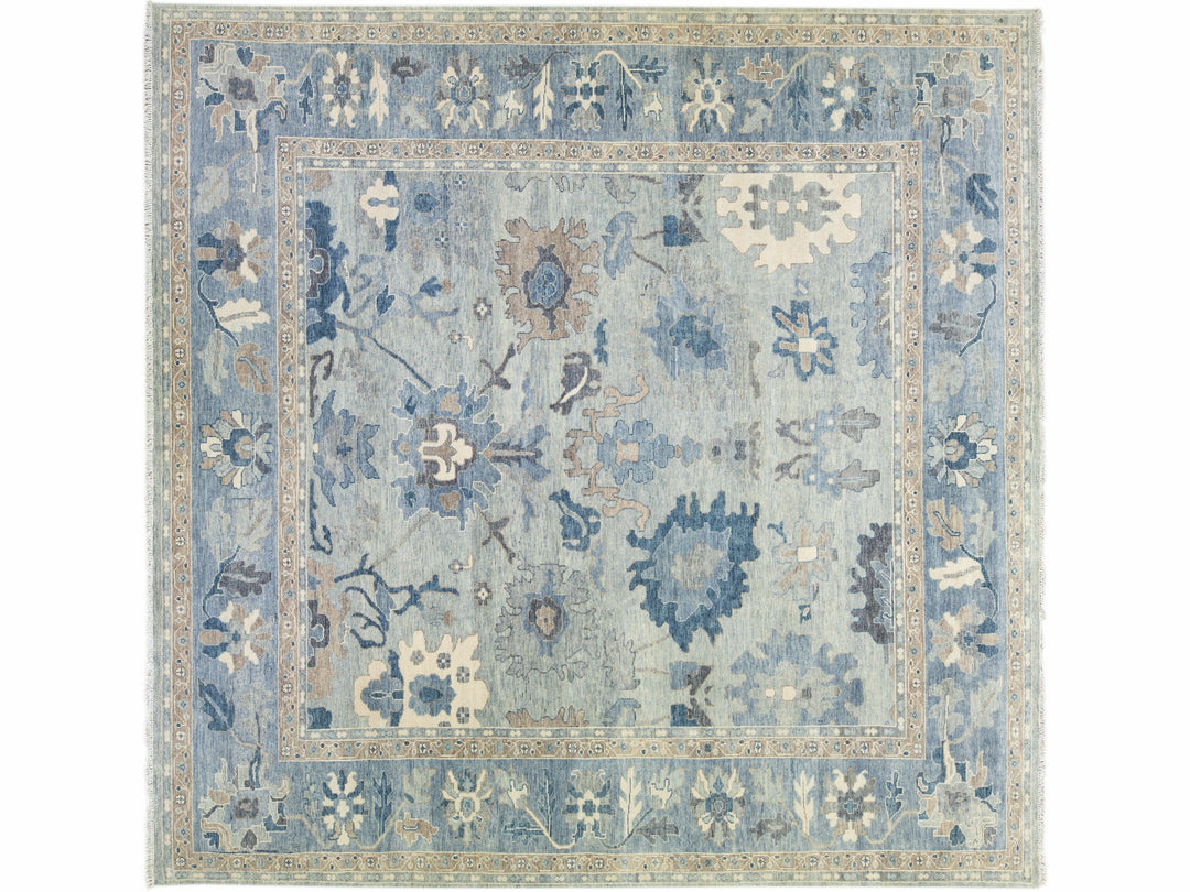 Modern Oushak Handmade Floral Motif Silver and Blue Oversize Wool Rug