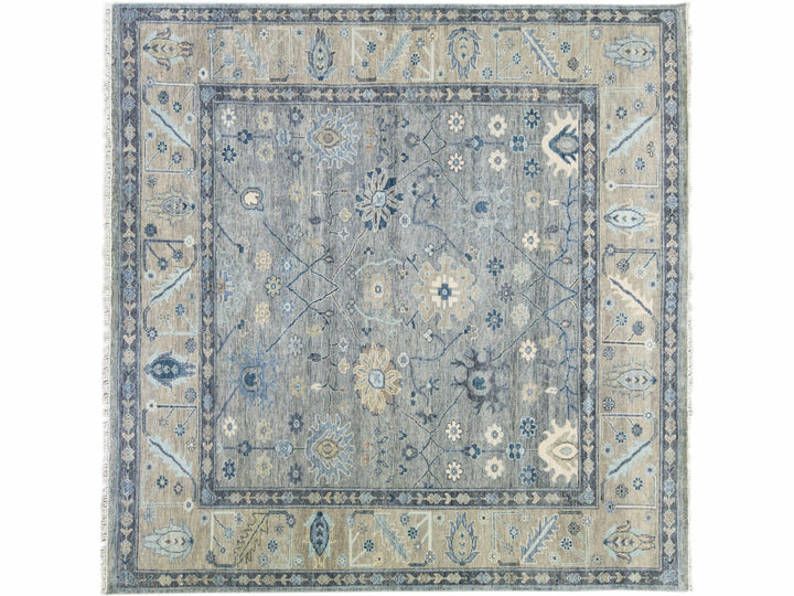 Modern Gray Oushak style Handmade Floral Motif Square Wool Rug