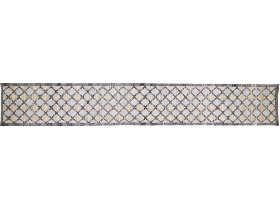 Modern Swedish Style Handmade Gray and Beige Geometric Designed Wool Runner