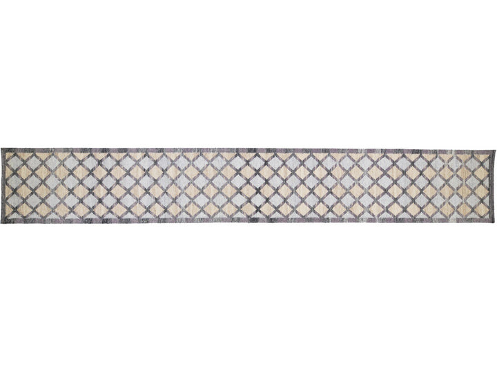 Modern Swedish Style Handmade Gray and Beige Geometric Designed Wool Runner
