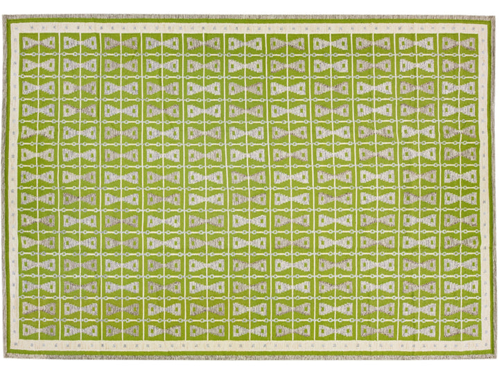 Green Modern Swedish Style Handmade Oversize Wool Rug With Geometric Design