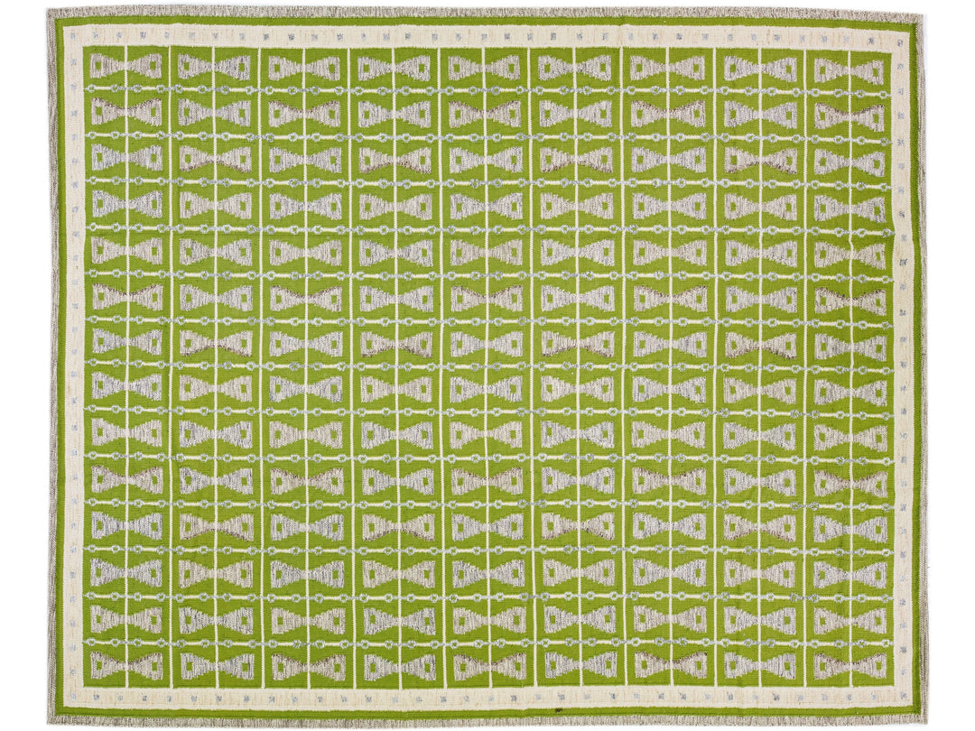 Modern Swedish Style Green Handmade Oversize Wool Rug with Geometric Pattern