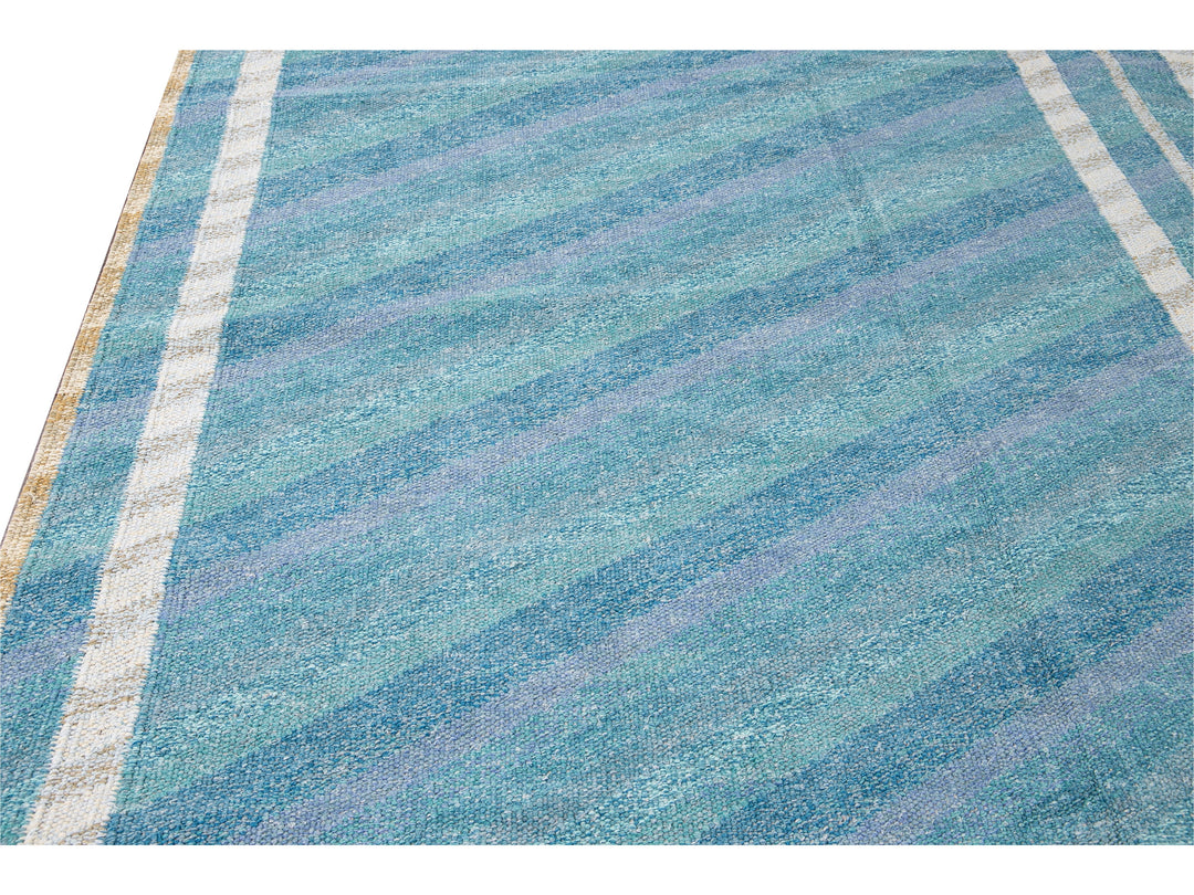 Modern Swedish Style Handmade Geometric Oversize Blue Wool Rug