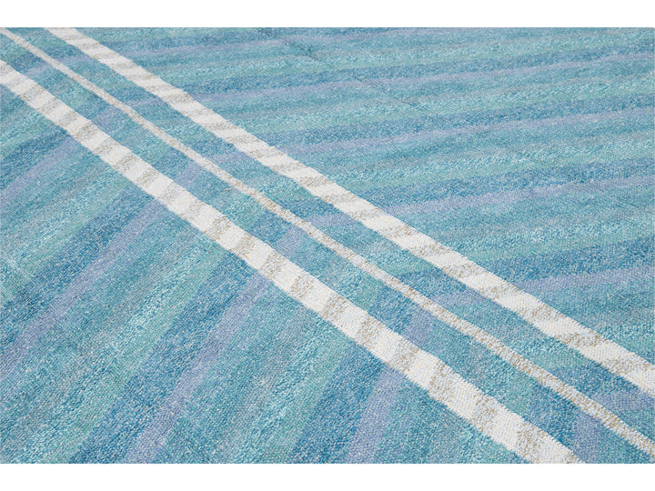 Modern Swedish Style Handmade Geometric Oversize Blue Wool Rug