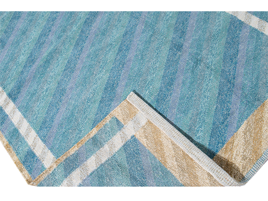 Modern Swedish Style Handmade Geometric Oversize Blue Wool Rug