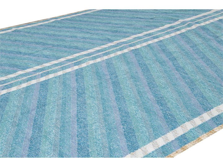Modern Swedish Style Handmade Geometric Oversize Blue Wool Rug