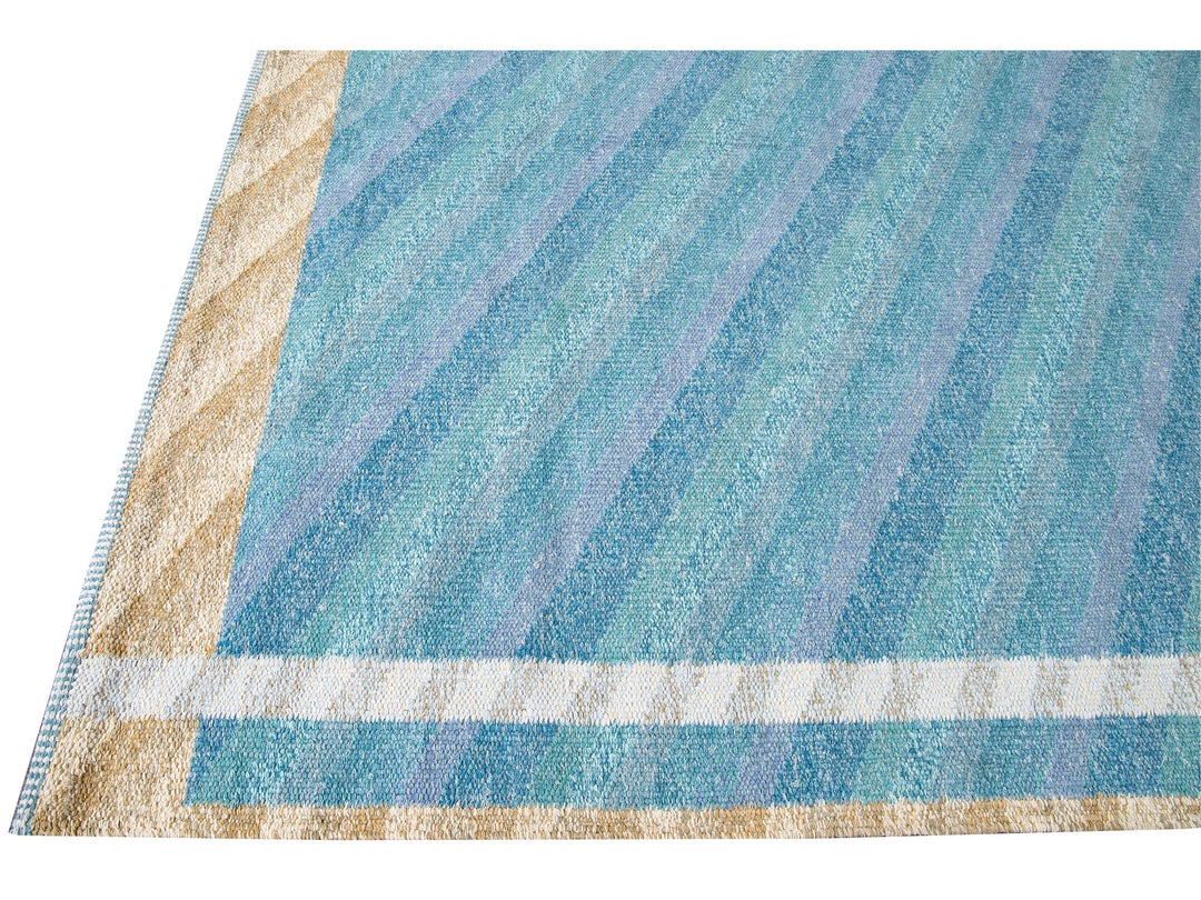 Modern Swedish Style Handmade Geometric Oversize Blue Wool Rug