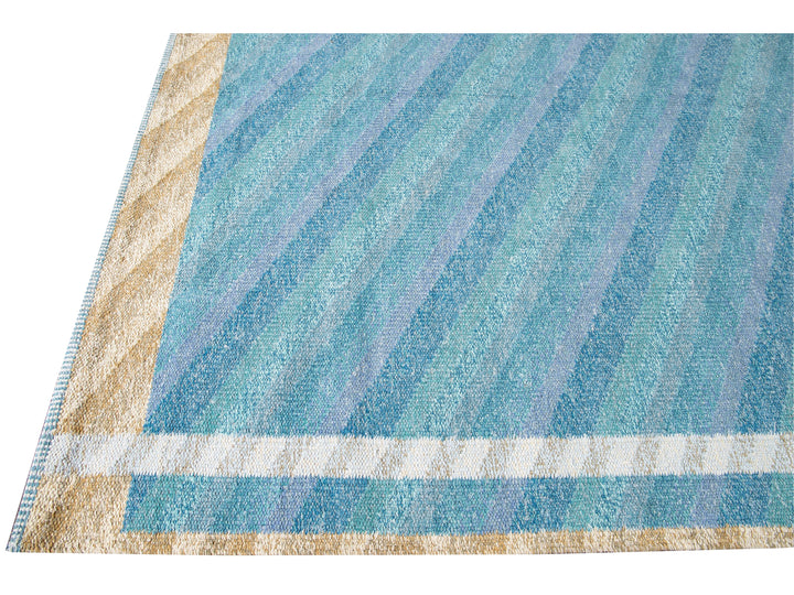 Modern Swedish Style Handmade Geometric Oversize Blue Wool Rug