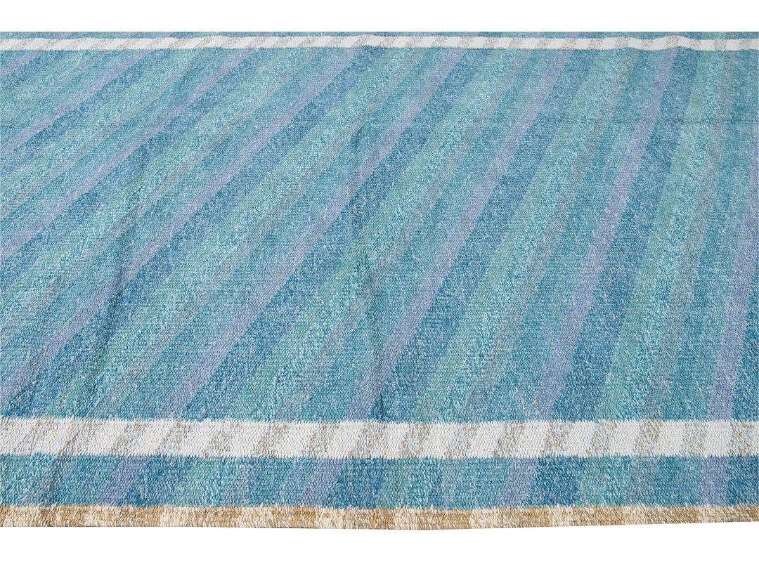 Modern Swedish Style Handmade Geometric Oversize Blue Wool Rug