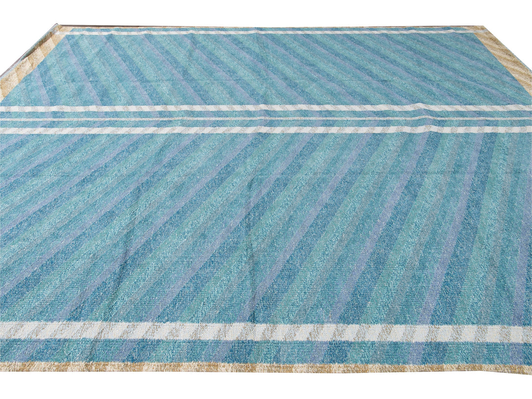Modern Swedish Style Handmade Geometric Oversize Blue Wool Rug